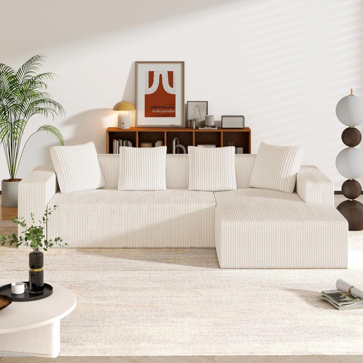 Modernes 3-Sitzer Sofa mit Liegefunktion & Kissen (Weiß)