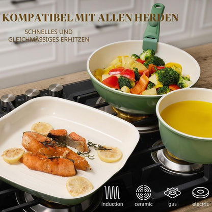 23-teiliges Keramik Topfset Antihaft – Grün, Ofenfest & Stapelbar