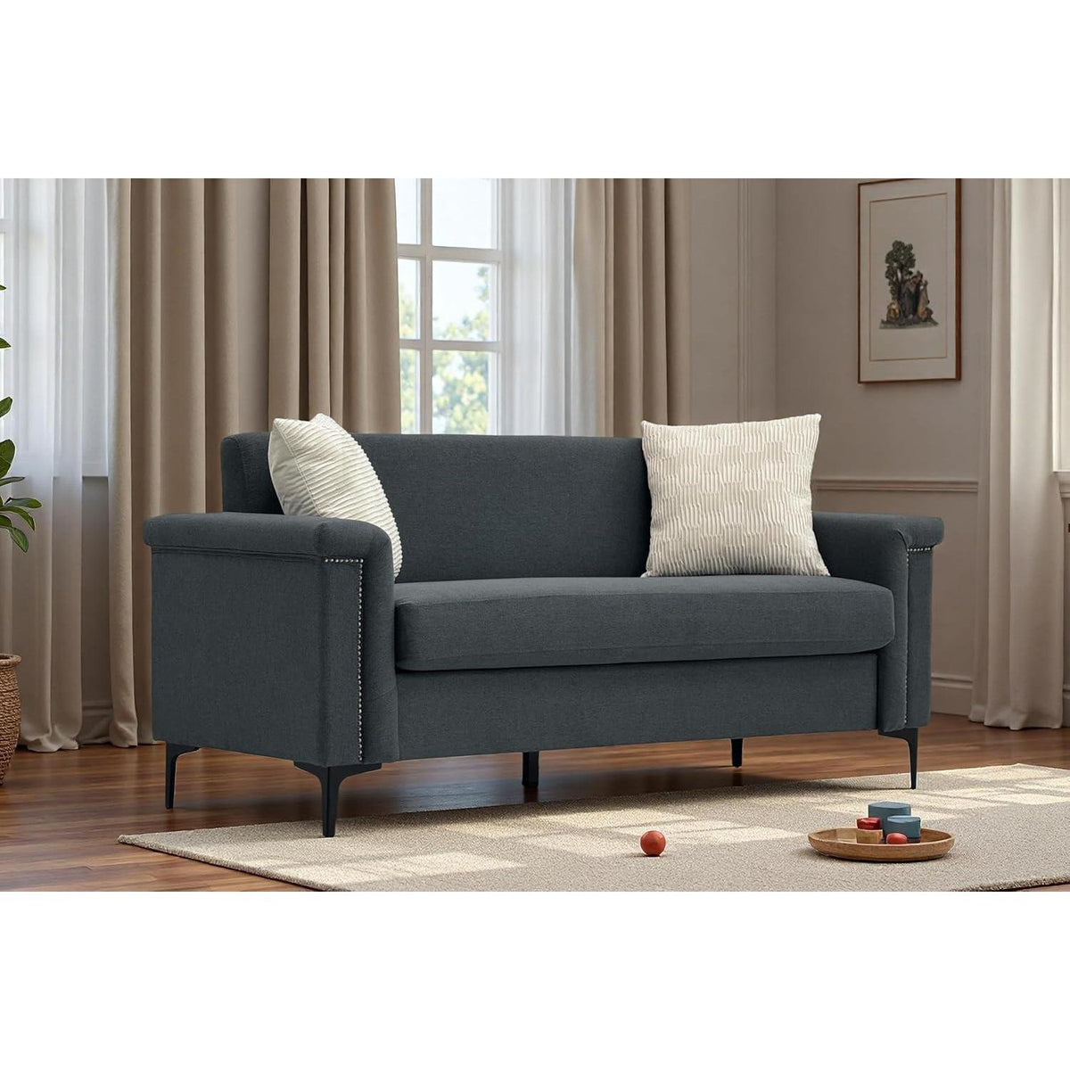 Kleine 2-Sitzer Couch Dunkelgrau – Modernes Leinen Sofa