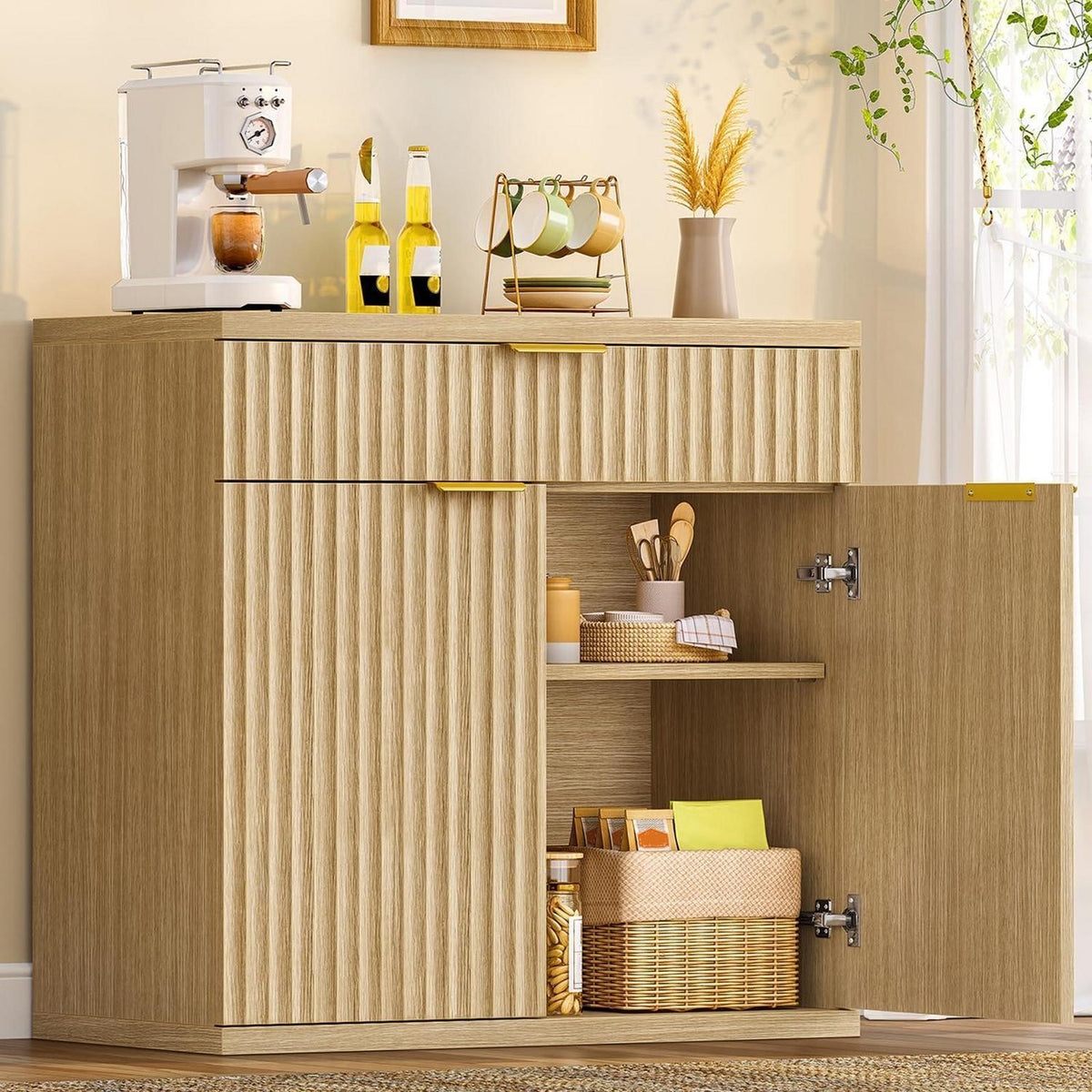 Sideboard mit geriffelten Türen & goldenen Griffen, Eiche