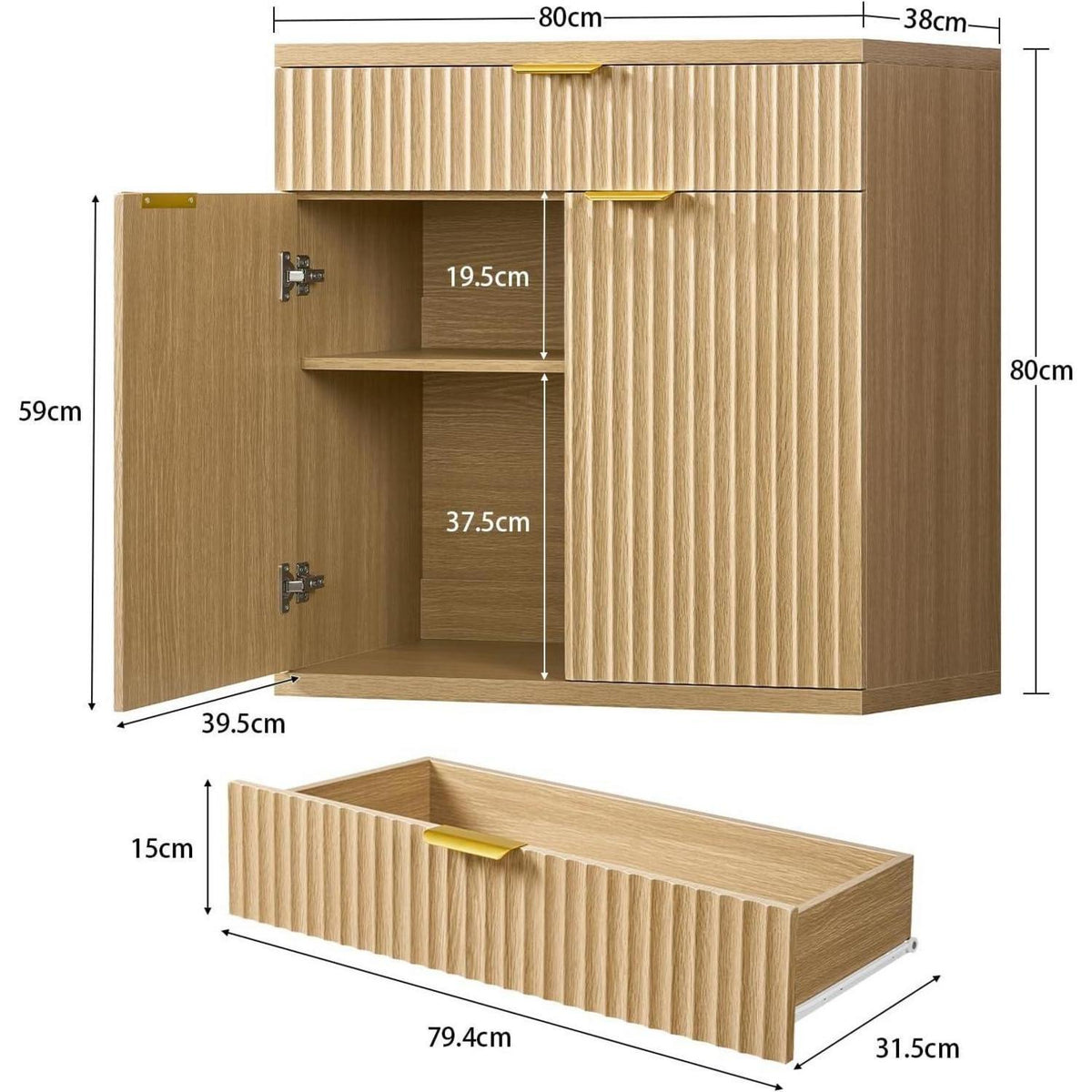 Sideboard mit geriffelten Türen & goldenen Griffen, Eiche