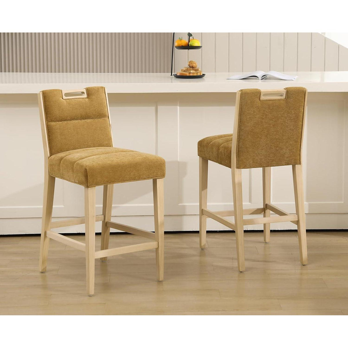 Barhocker Set 4er – Chenille Retro Design mit Fußstütze, Gelb