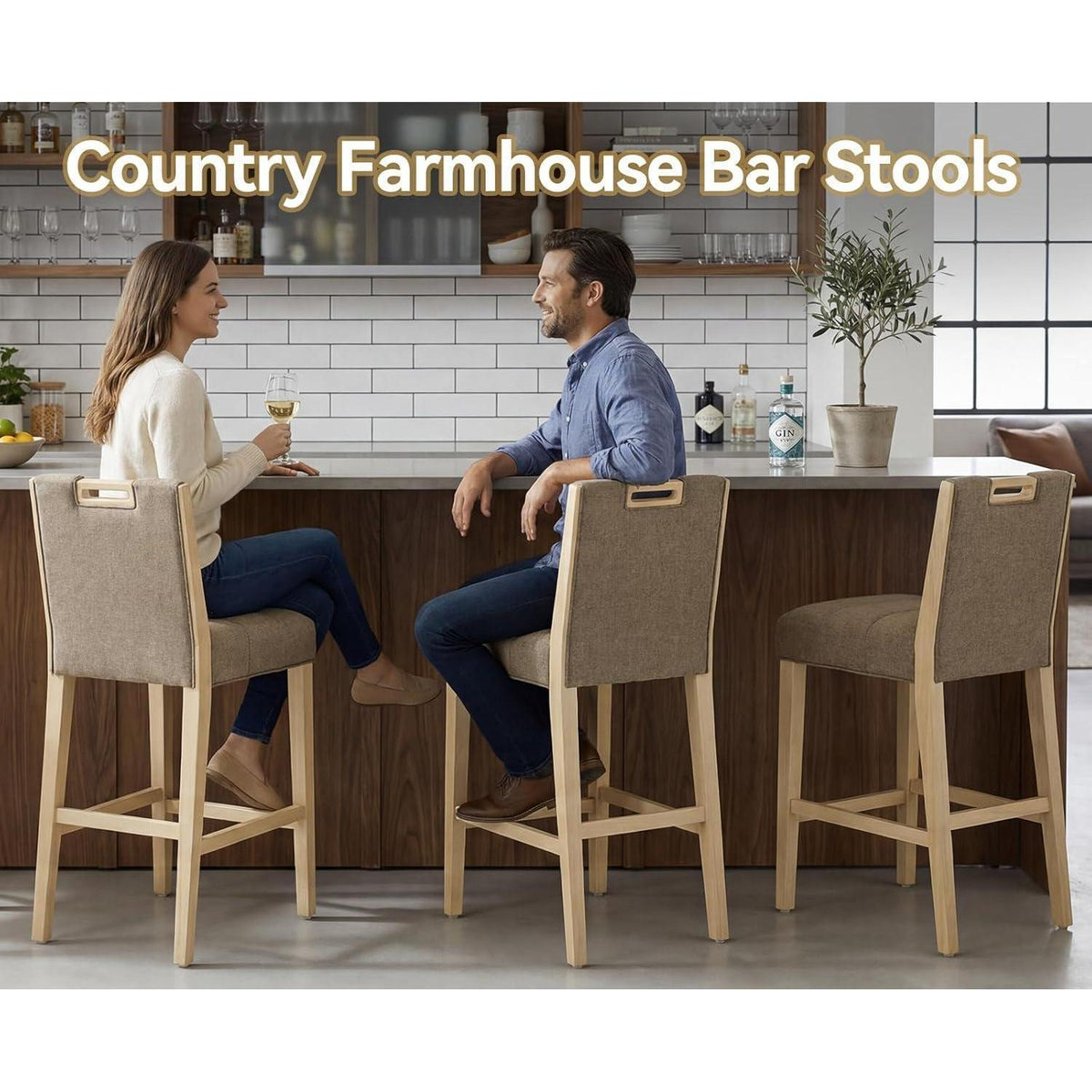 Barhocker Set 4er – Leinen-Küchenhocker mit Fußstütze, Braun