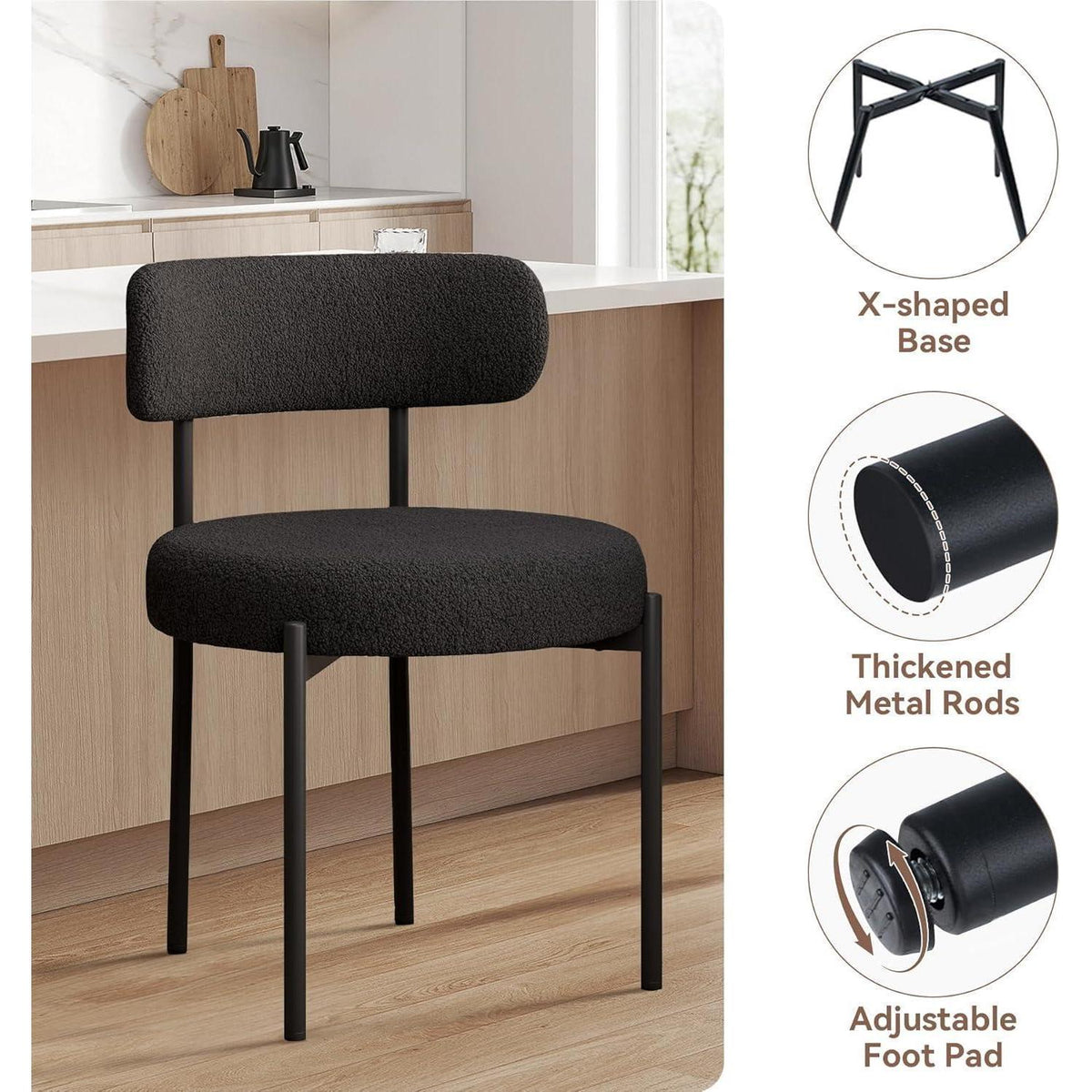 6 Esszimmerstühle Bouclé Stoff Schwarz – Mid-Century Design