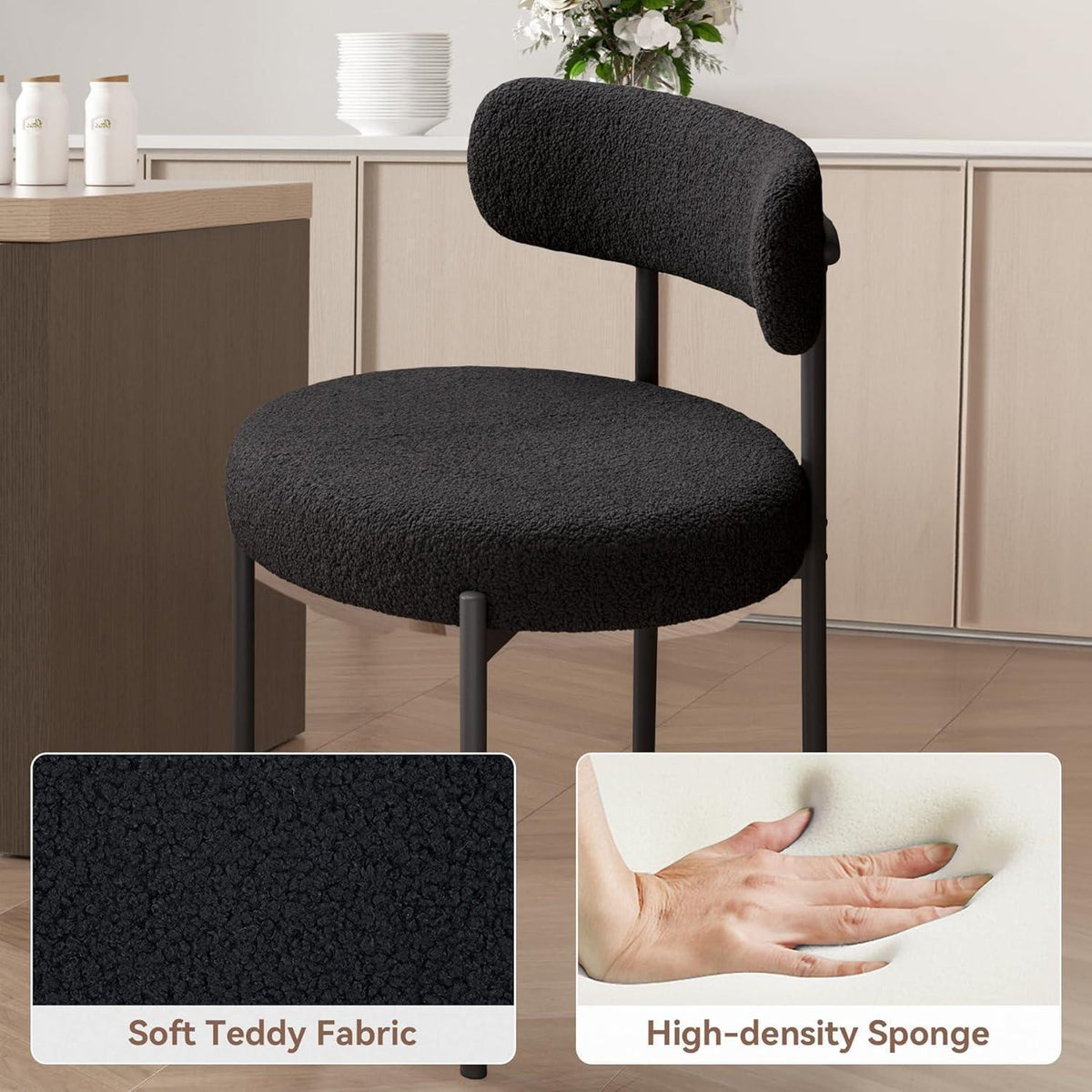 6 Esszimmerstühle Bouclé Stoff Schwarz – Mid-Century Design