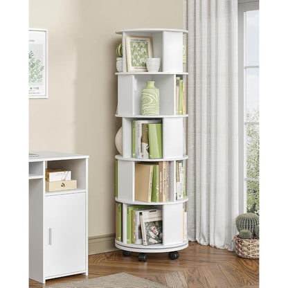 Drehbares Bücherregal weiß, 5 Ebenen mit Rollen