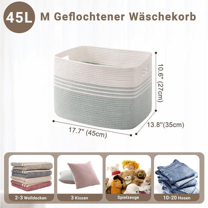 Geflochtener Wäschekorb Baumwolle 45L – Weiß & Grün