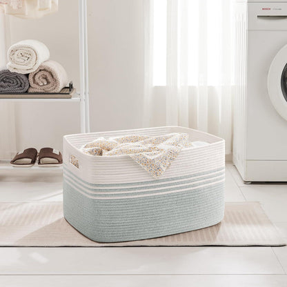 Geflochtener Wäschekorb Baumwolle 45L – Weiß & Grün