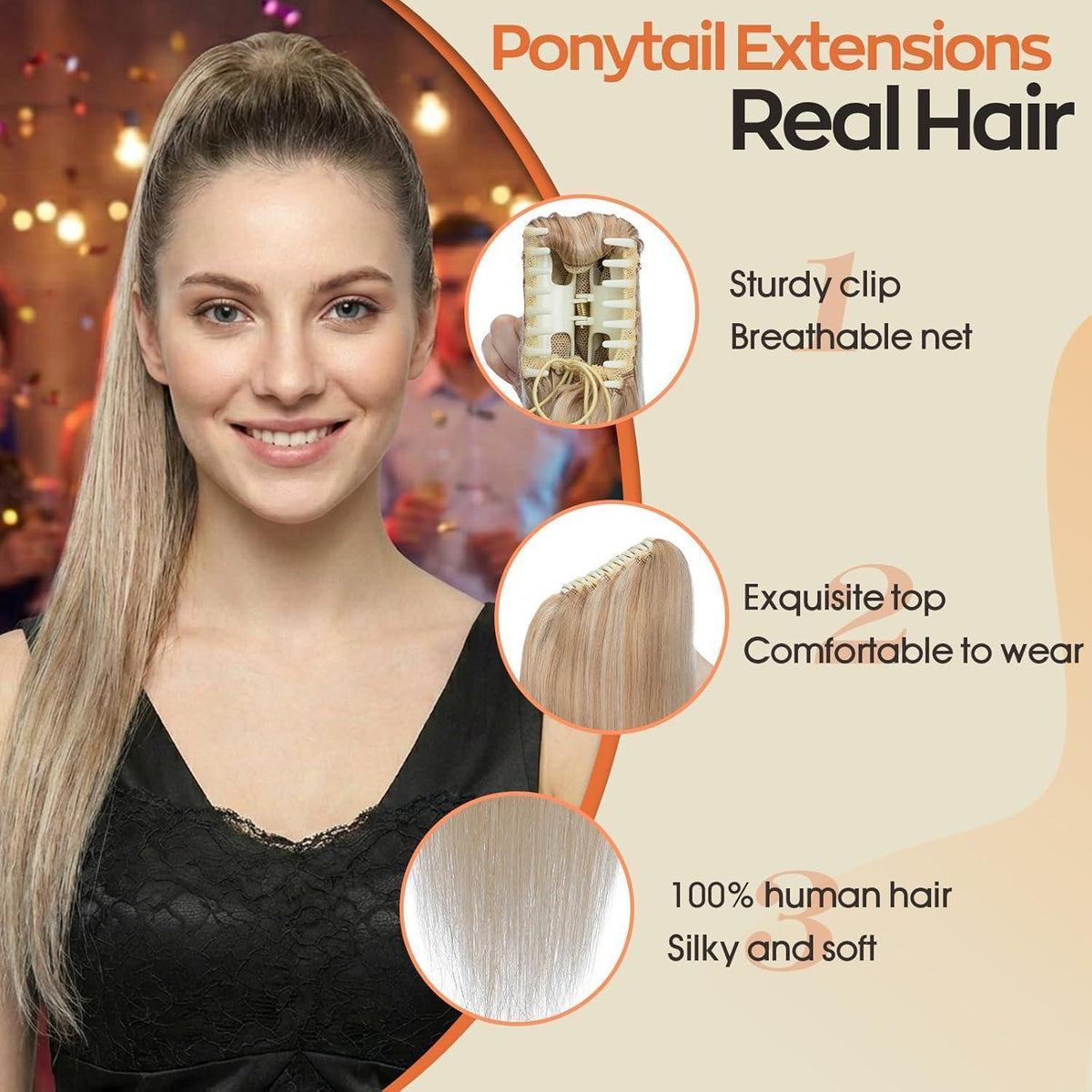 Echthaar Pferdeschwanz Extension Aschblond & Blond 45cm