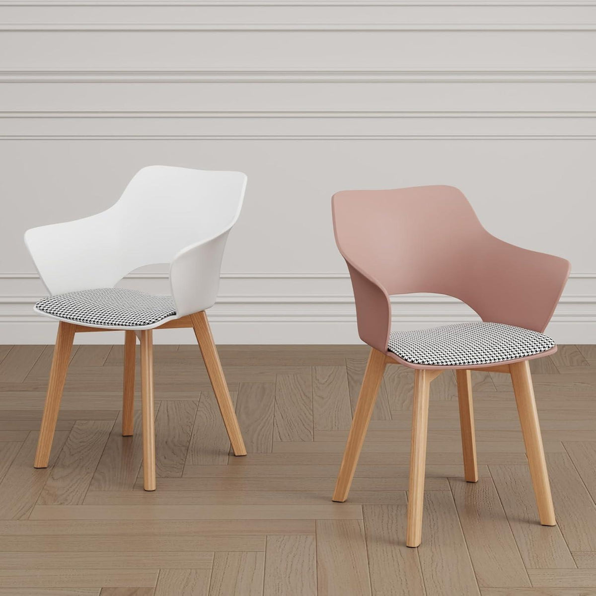 8 Esszimmerstühle mit Stoffpolster & Massivholzbeinen Weiß+Rosa