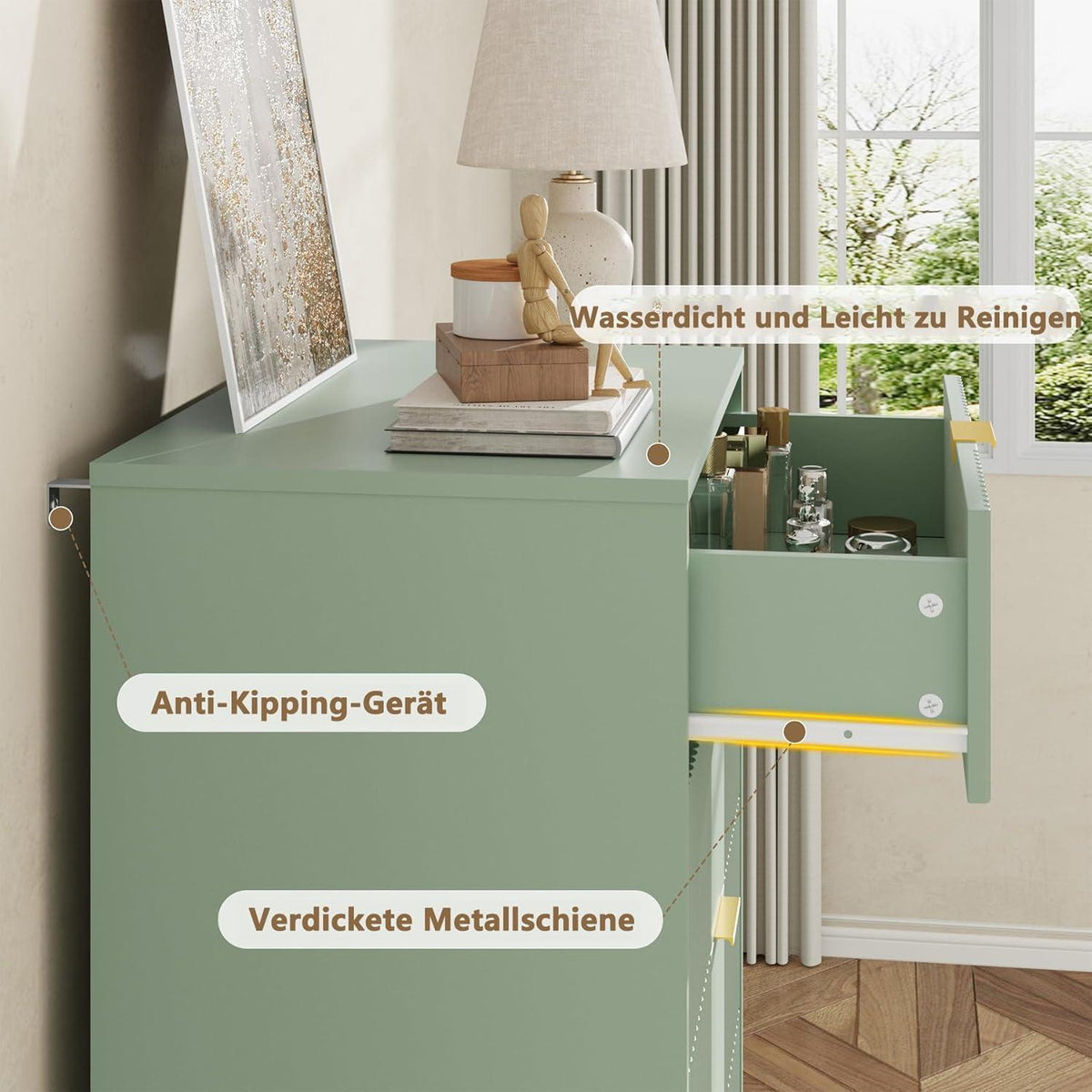 Kommode mit 4 Schubladen, Olivgrün – Schlafzimmer & Wohnzimmer