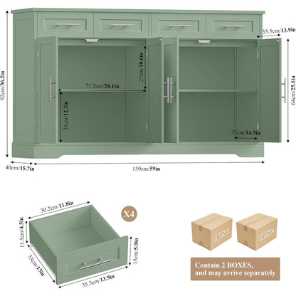 Grünes Sideboard 150cm mit Arbeitsplatte & Schubladen