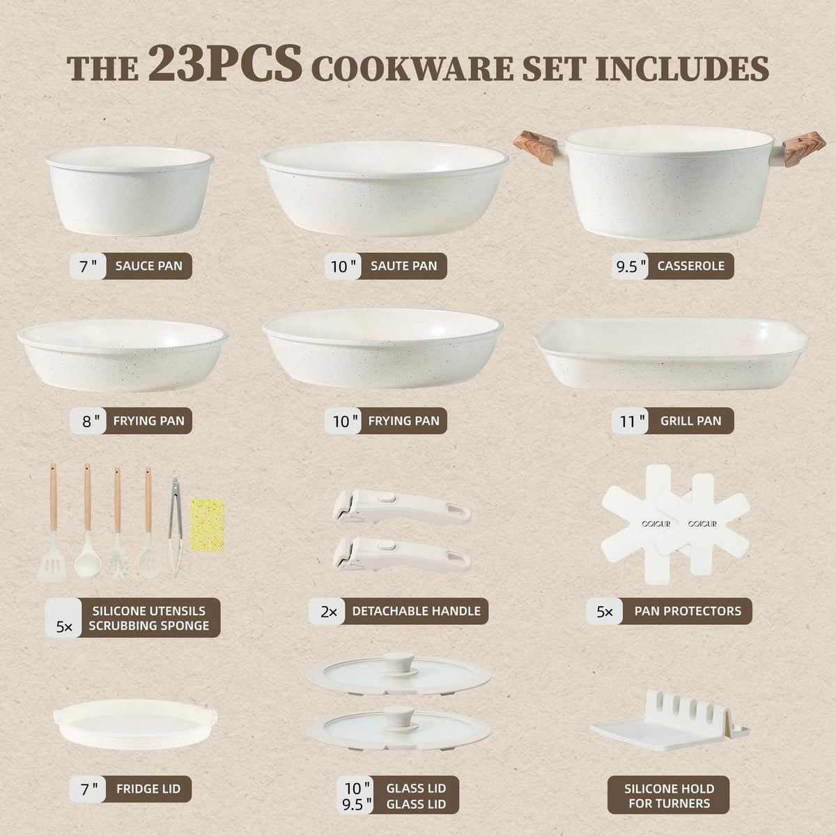 23-teiliges Keramik Topfset Antihaft – Beige, Ofenfest & Stapelbar