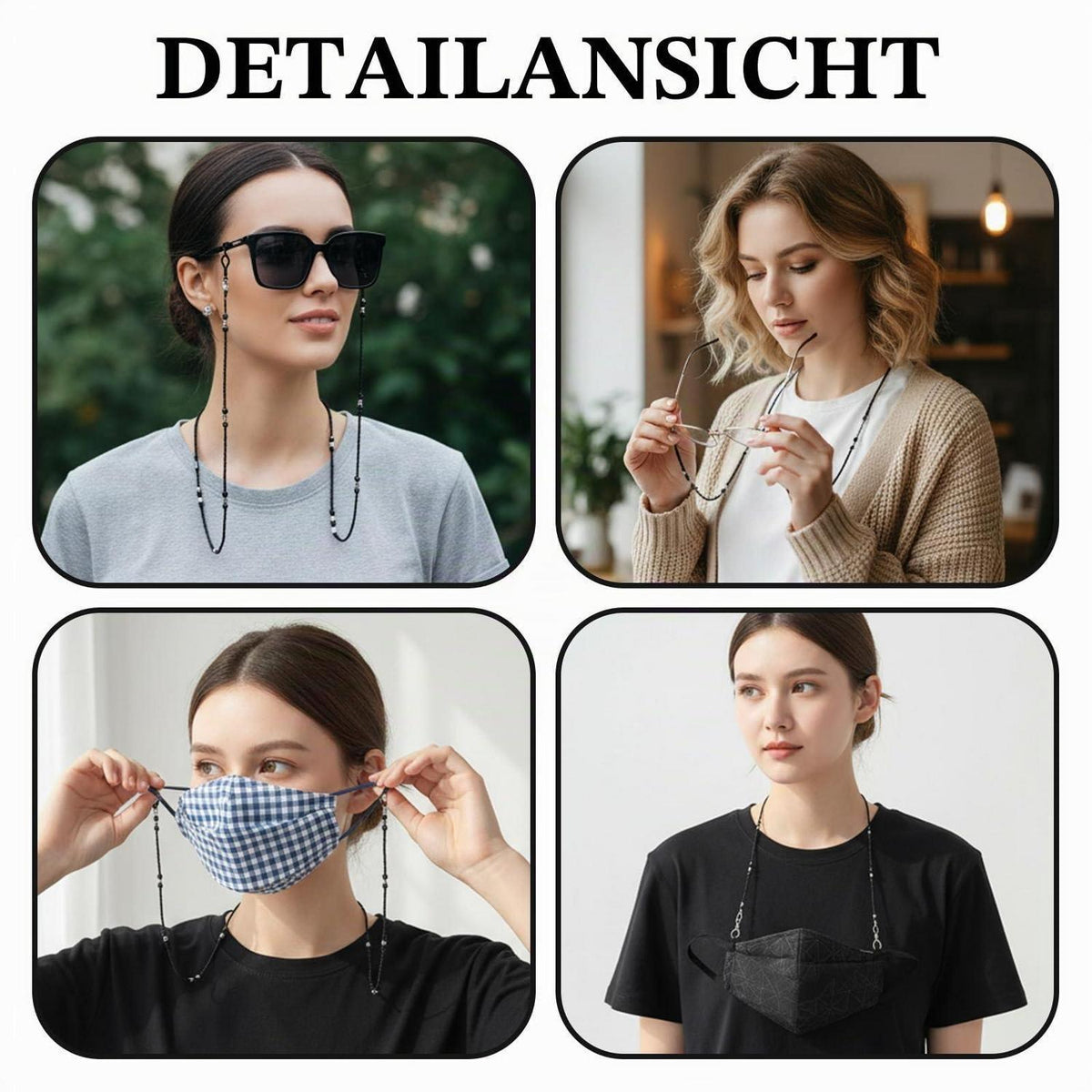 2x Brillenkette Damen Perlen – Verstellbares Brillenband Schwarz & Grau