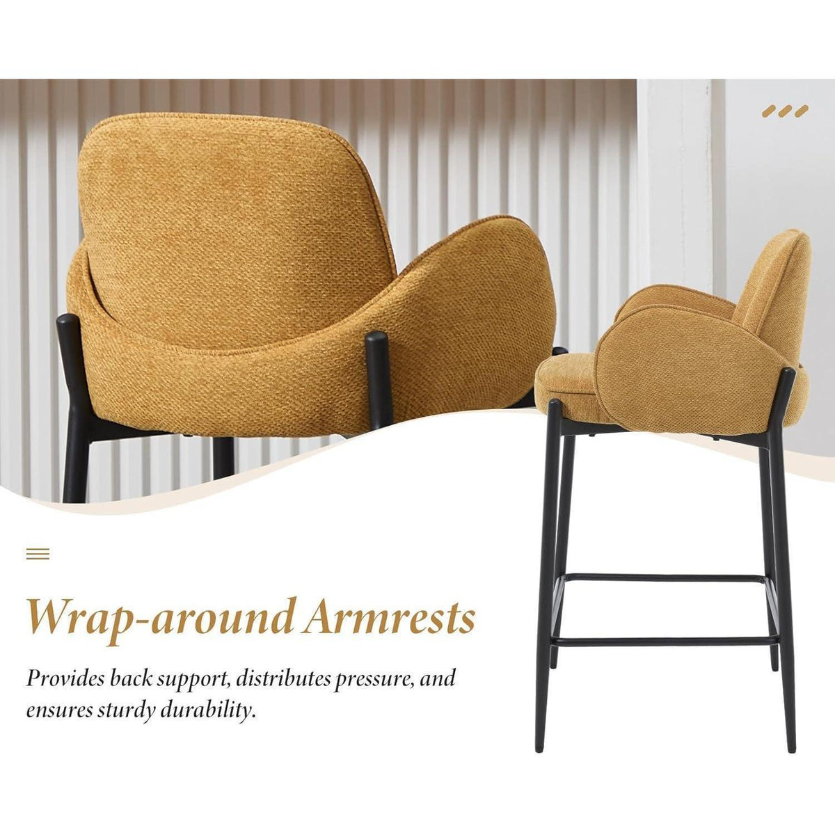 Moderner Barhocker 2er Set mit Chenille-Polster & Metallfüßen – Gelb