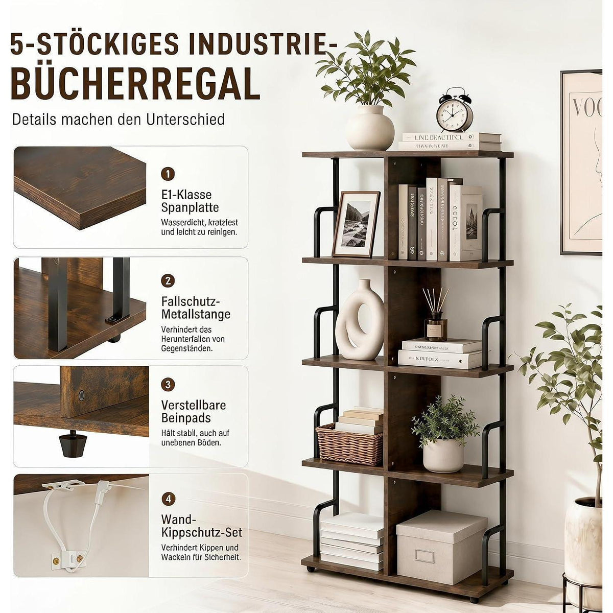 Hohes, schmales Bücherregal Industrial Style Braun Schwarz
