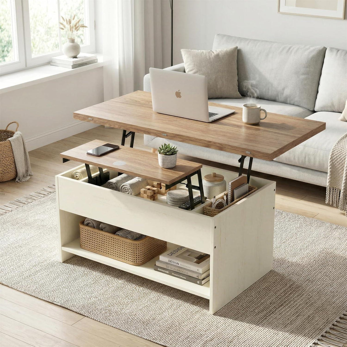 Höhenverstellbarer Couchtisch Holz mit Stauraum & Auszug