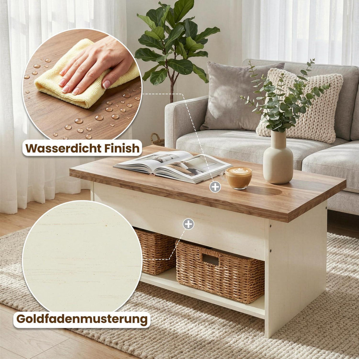 Höhenverstellbarer Couchtisch Holz mit Stauraum & Auszug