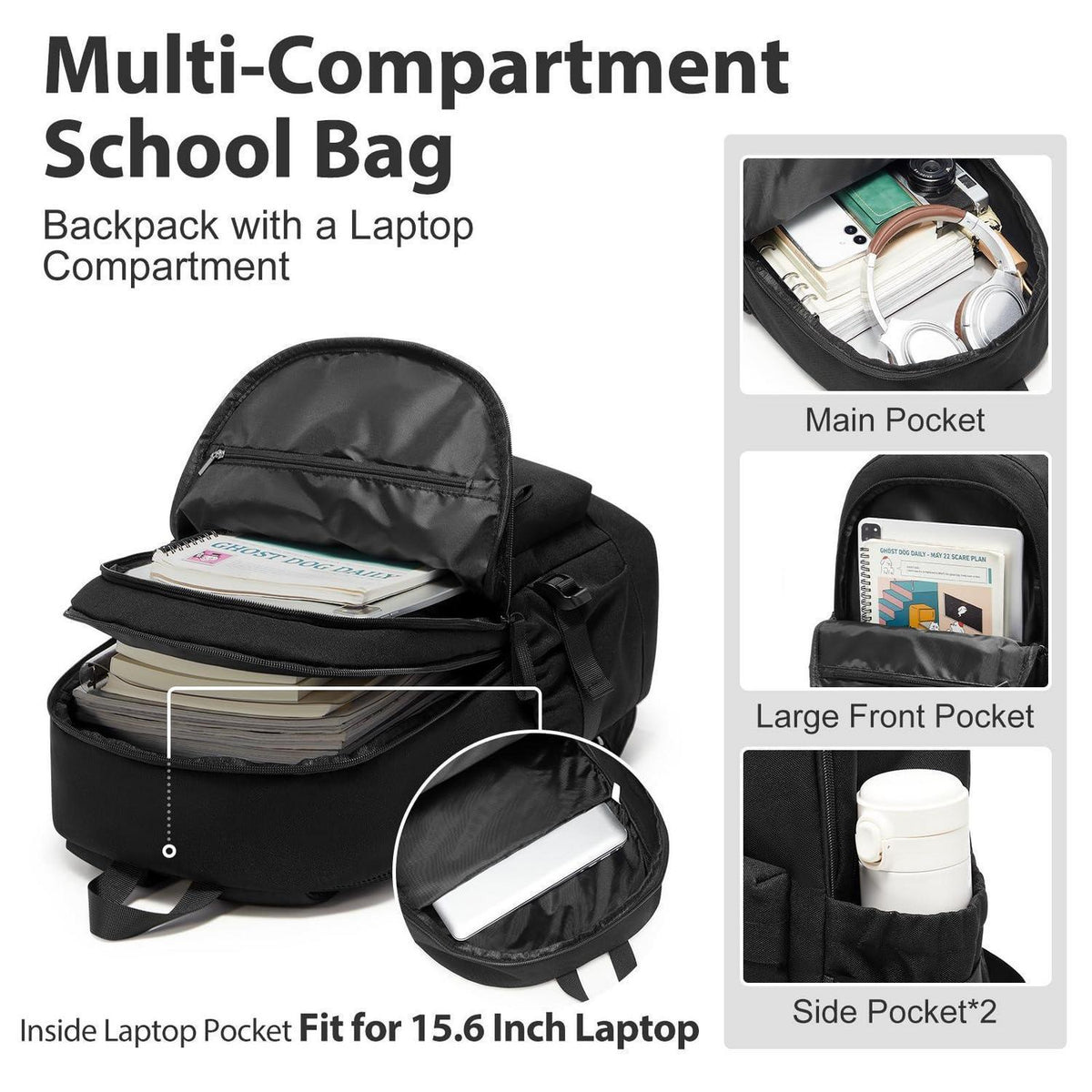 Schulrucksack Schwarz Wasserdicht mit Laptopfach für Teenager