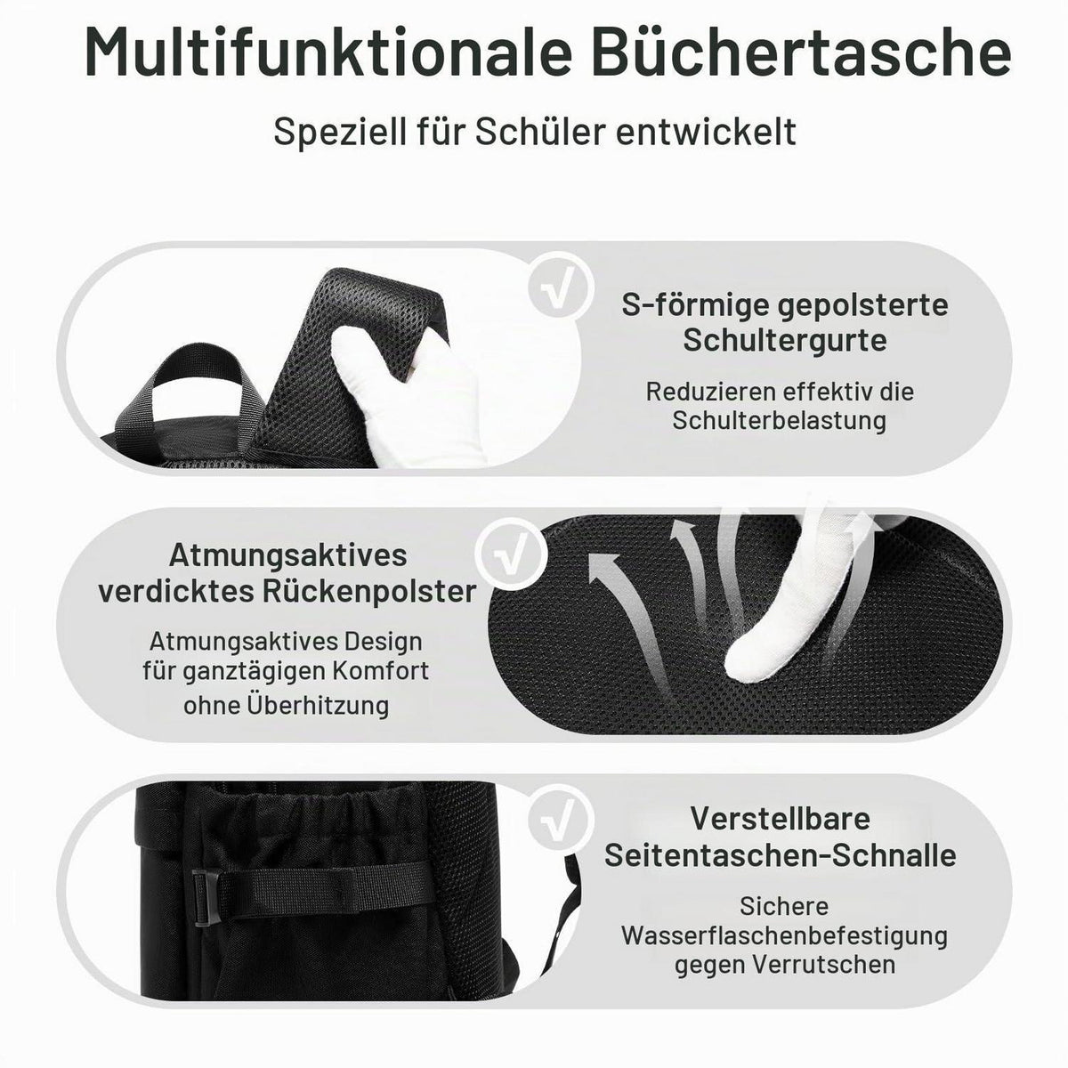 Schulrucksack Schwarz Wasserdicht mit Laptopfach für Teenager