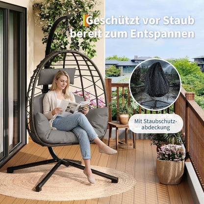 Rattan Hängesessel mit Gestell – Grau, Outdoor & Indoor