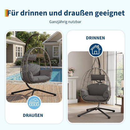 Rattan Hängesessel mit Gestell – Grau, Outdoor & Indoor
