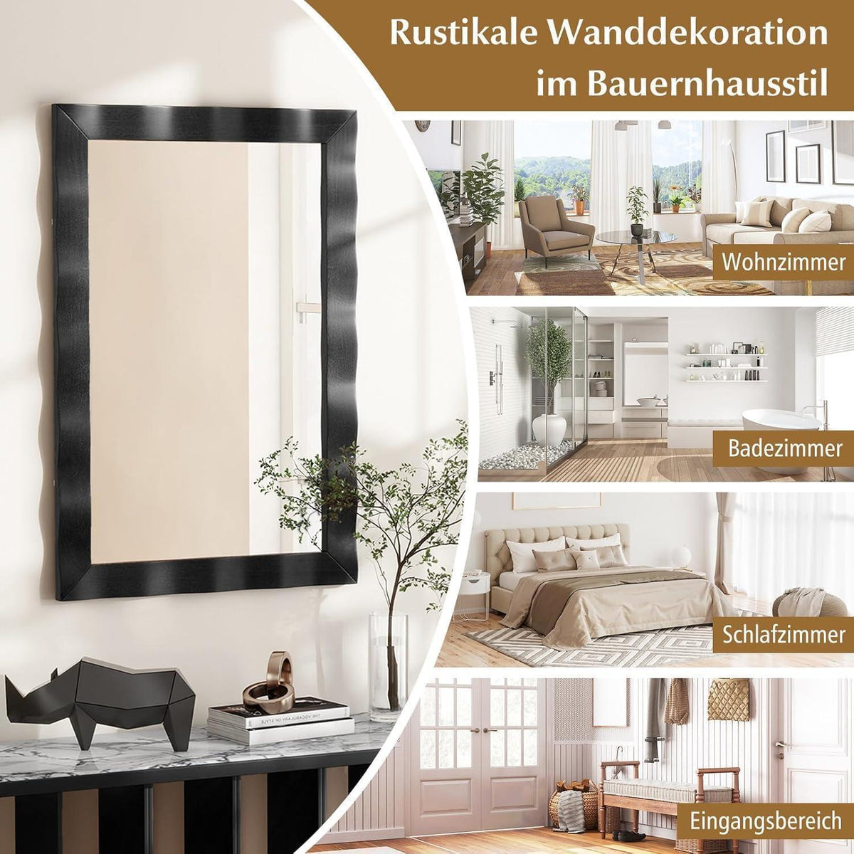 Wandspiegel Rechteckig Holzrahmen Wellenrelief Schwarz 106x71,5 cm