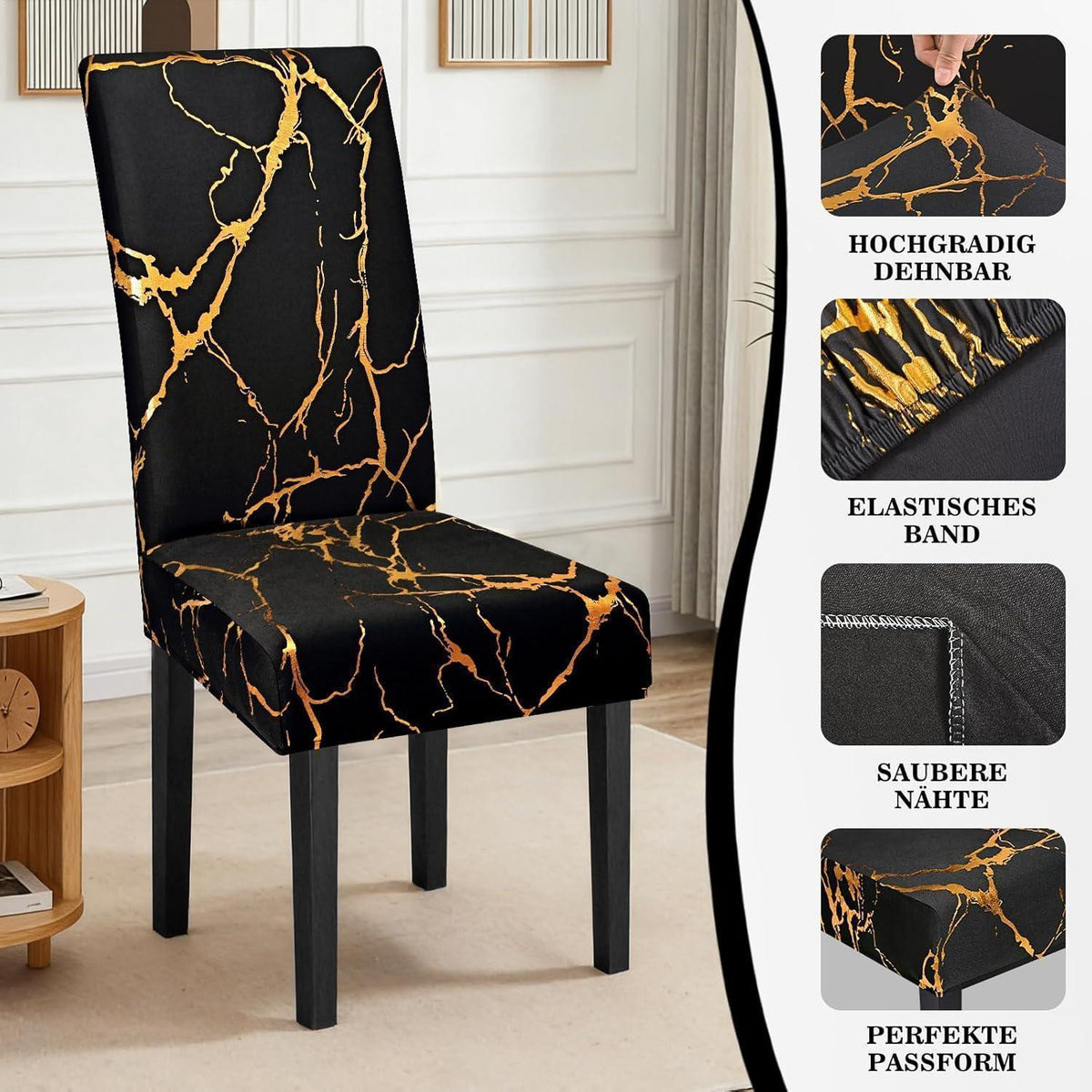 Stretch Stuhlhussen 6er Set Schwarz mit Gold | Esszimmer & Co.