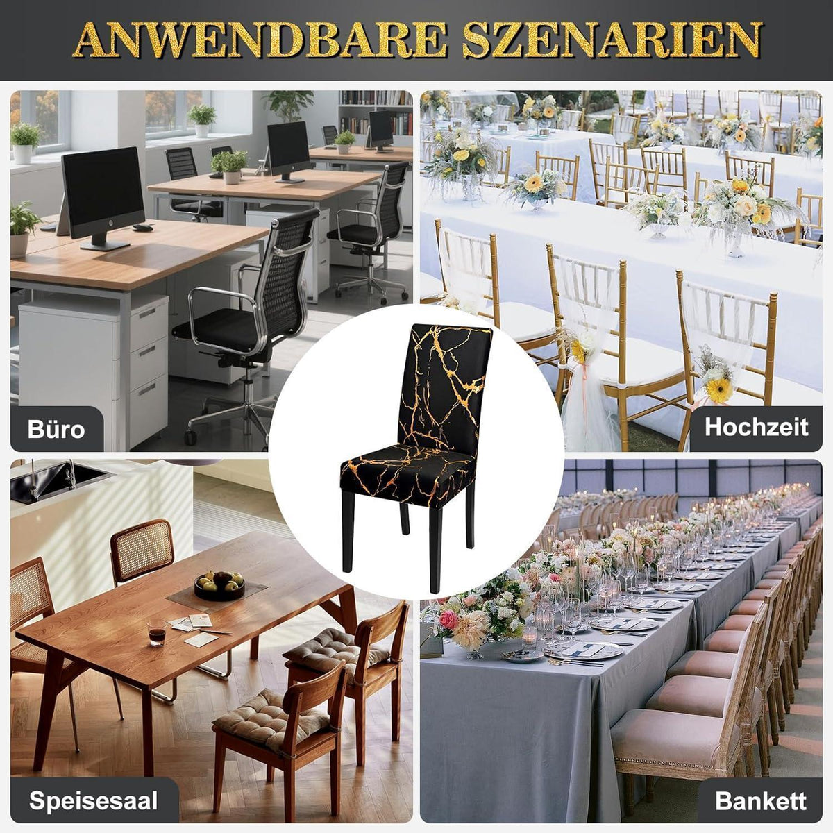 Stretch Stuhlhussen 6er Set Schwarz mit Gold | Esszimmer & Co.