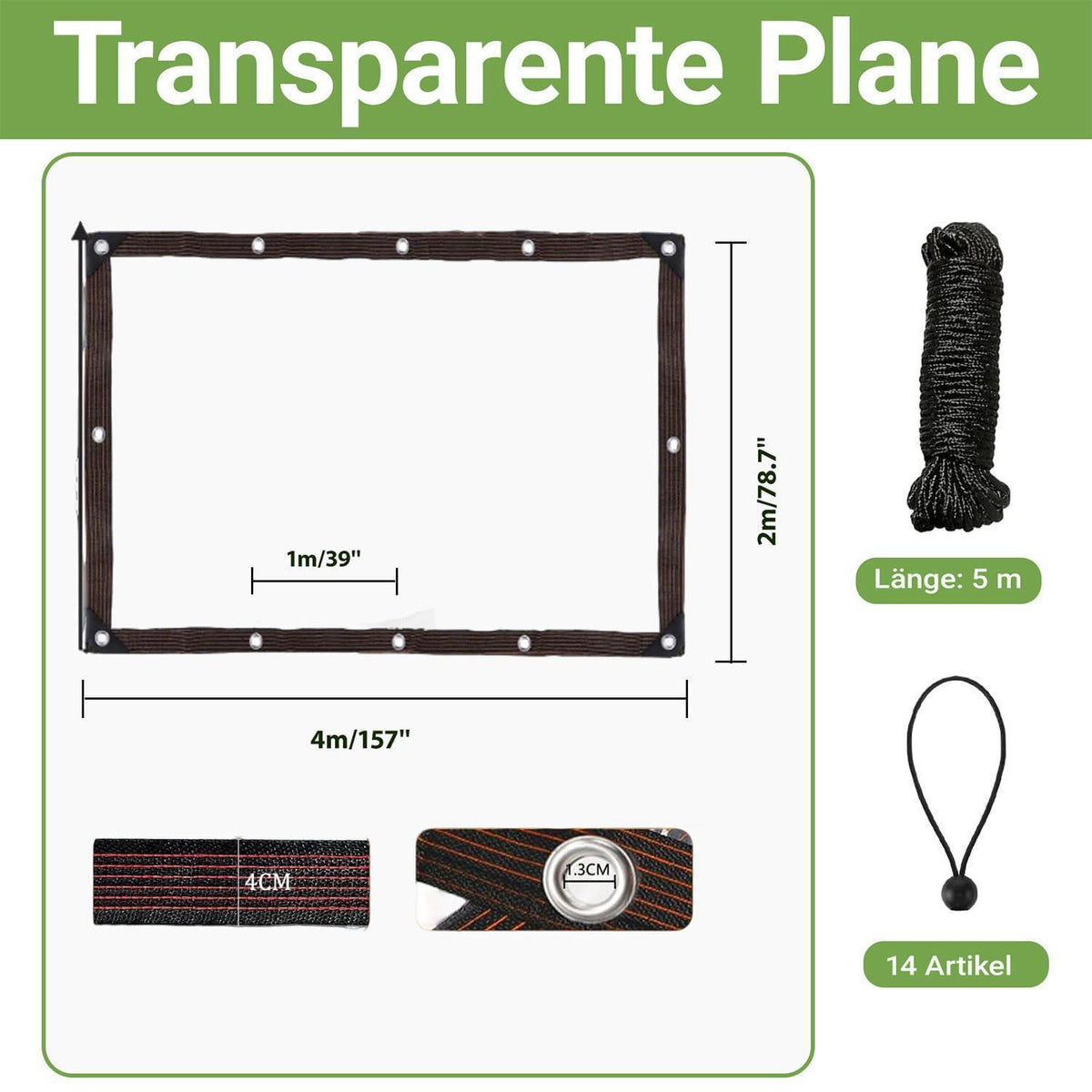 Transparente Abdeckplane mit Ösen, wasserdicht, 4x2m
