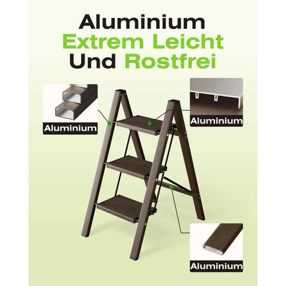 Trittleiter Aluminium Walnuss Optik 3 Stufen klappbar