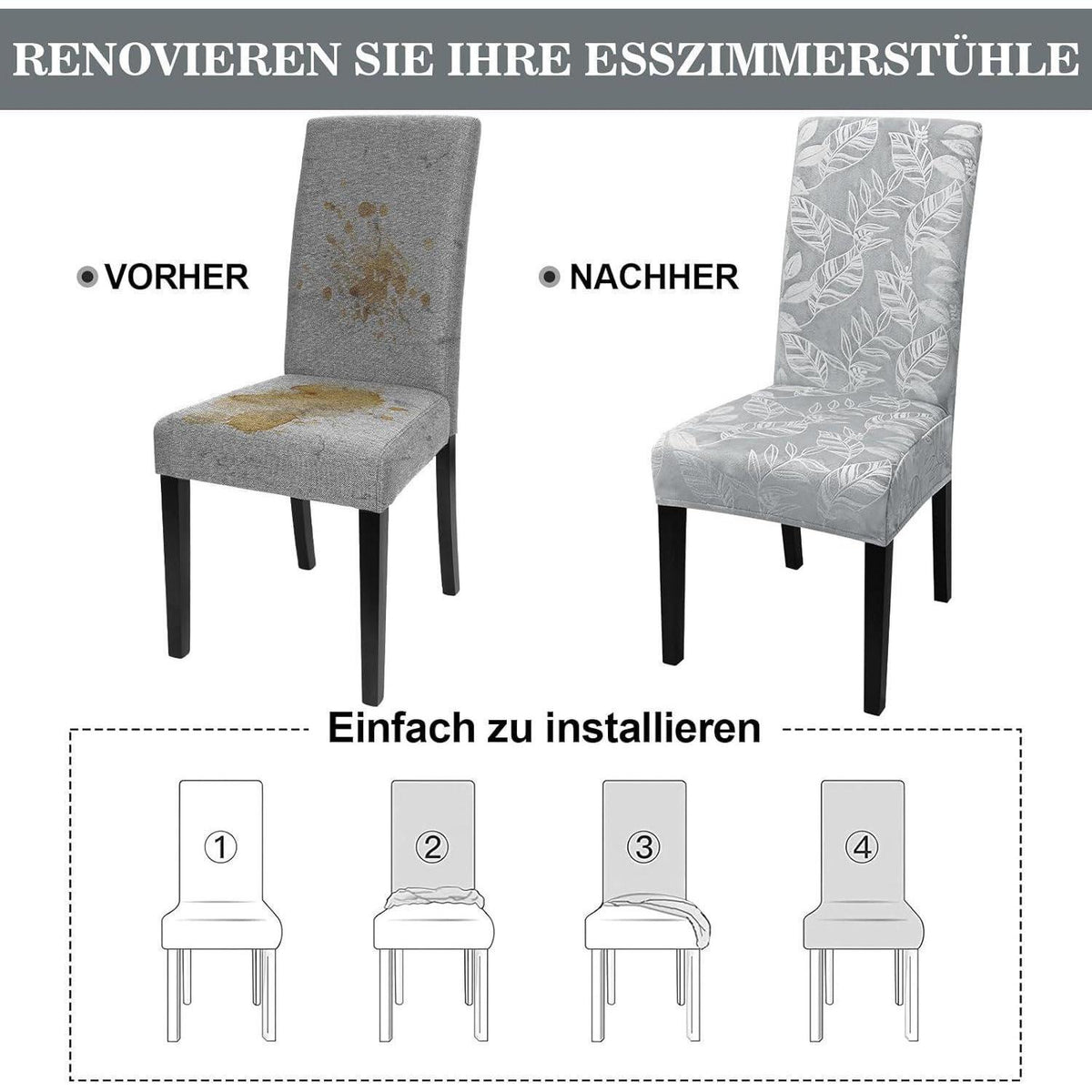 Samt Stuhlhussen 6er Set – Elastische Esszimmer Hussen Hellgrau