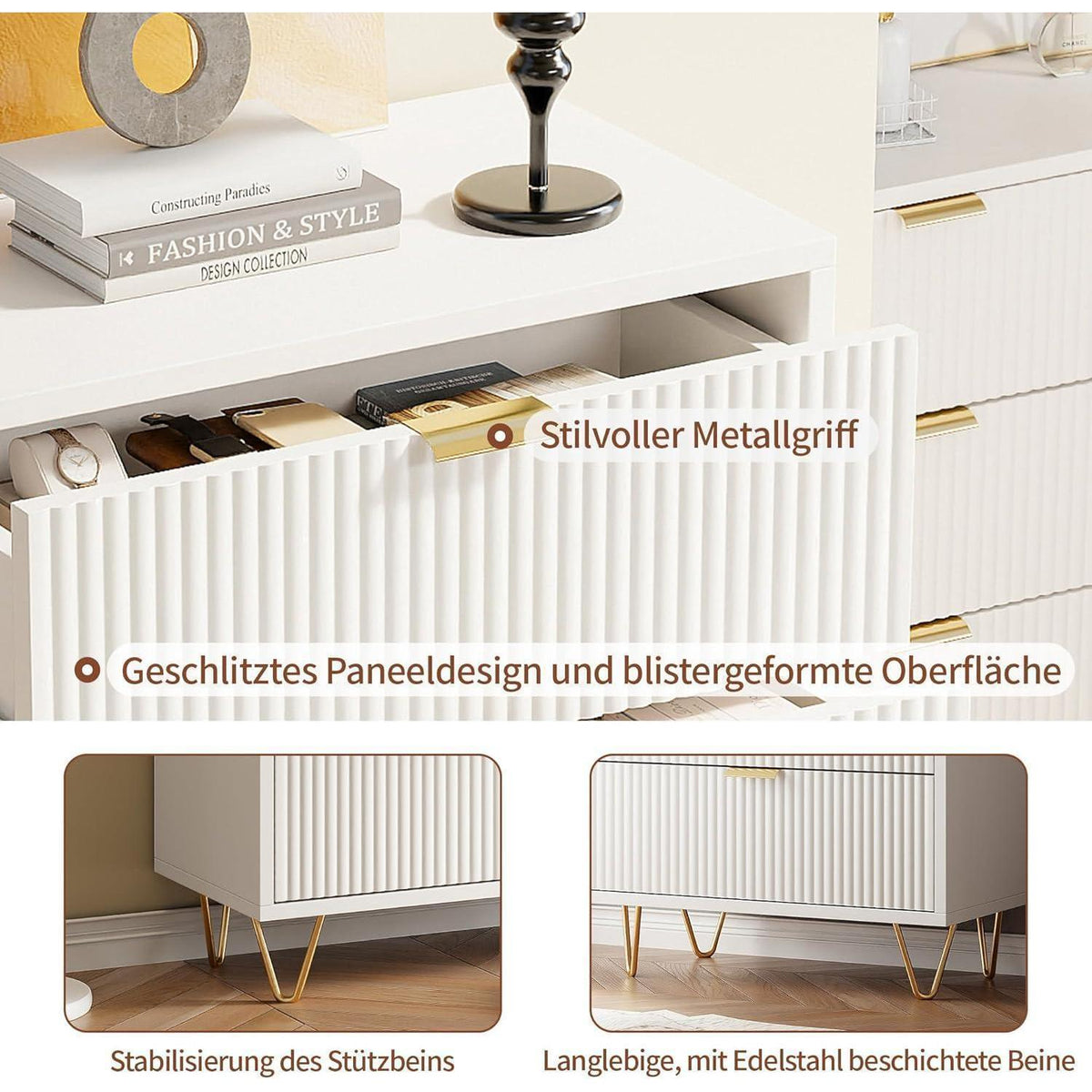 Kommode 4 Schubladen Weiß Elfenbein | Schlafzimmer Möbel mit Kippschutz