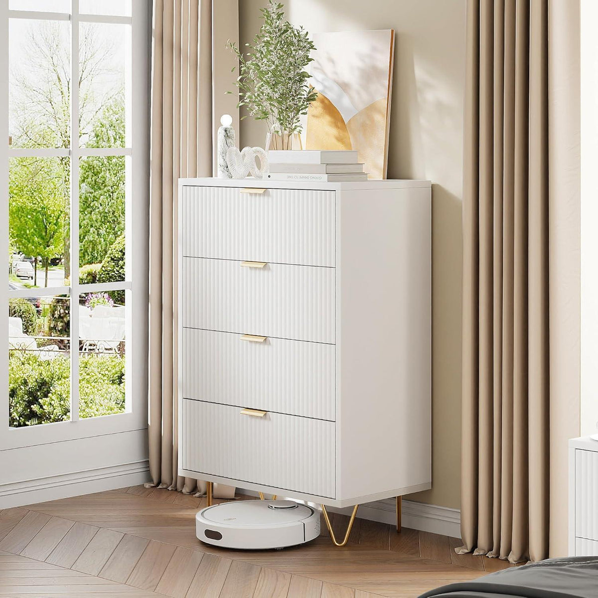 Kommode 4 Schubladen Weiß Elfenbein | Schlafzimmer Möbel mit Kippschutz
