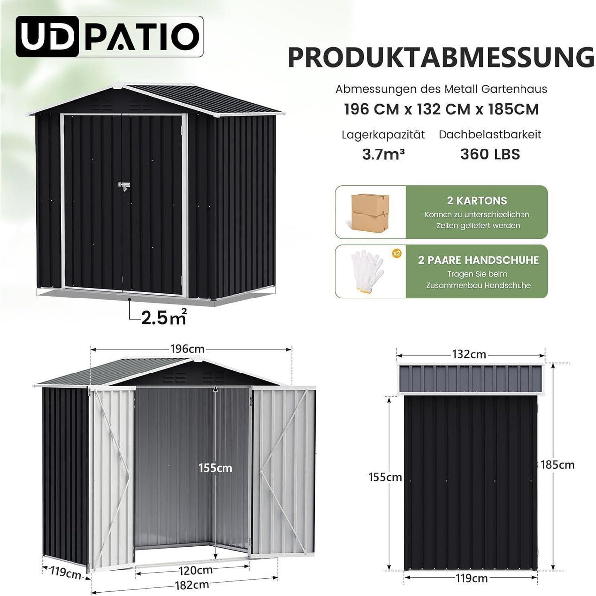 Metall Gartenhaus 3,7 m³ – 196x132x185 cm, Gerätehaus & Fahrradgarage