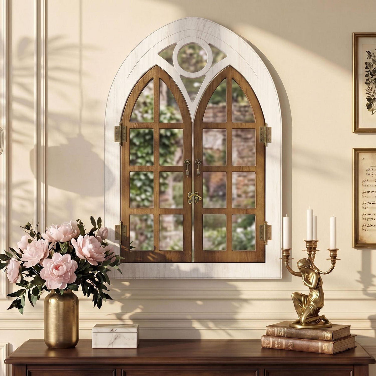 Bogenfenster Spiegel mit Holzrahmen – Vintage Wanddeko