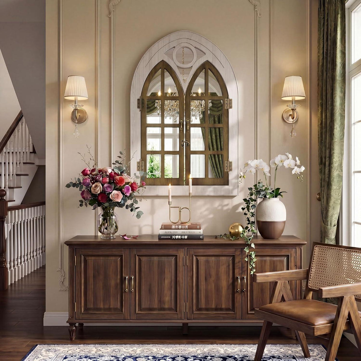 Bogenfenster Spiegel mit Holzrahmen – Vintage Wanddeko