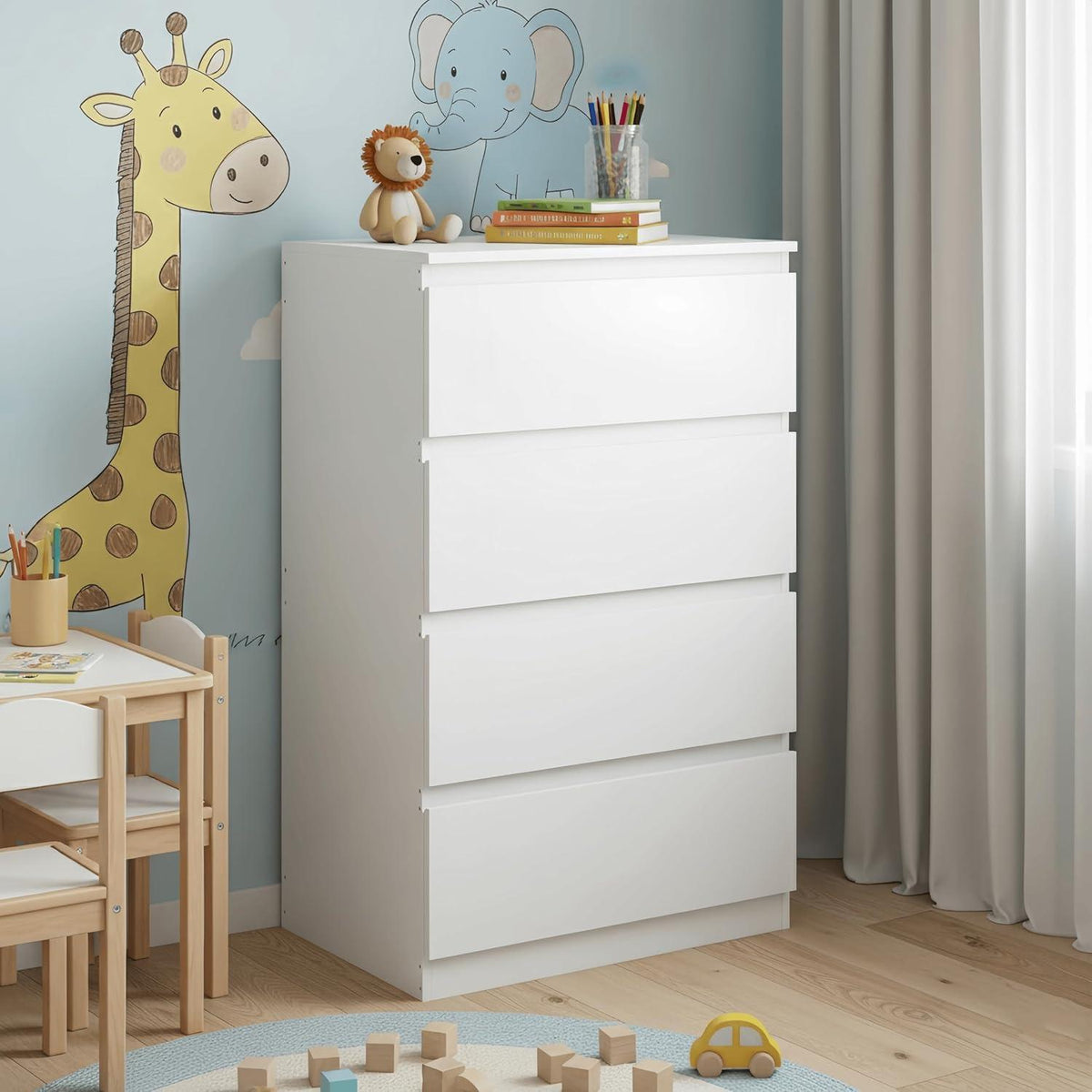 Kommode mit 4 Schubladen, Weiß – Schmaler Nachttisch/Sideboard