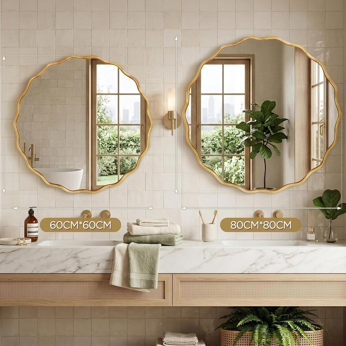 Runder Wellen-Wandspiegel Gold 80x80 cm – Modernes Badezimmerdesign