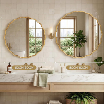 Runder Wellen-Wandspiegel Gold 60x60cm – Modernes Badezimmer Design