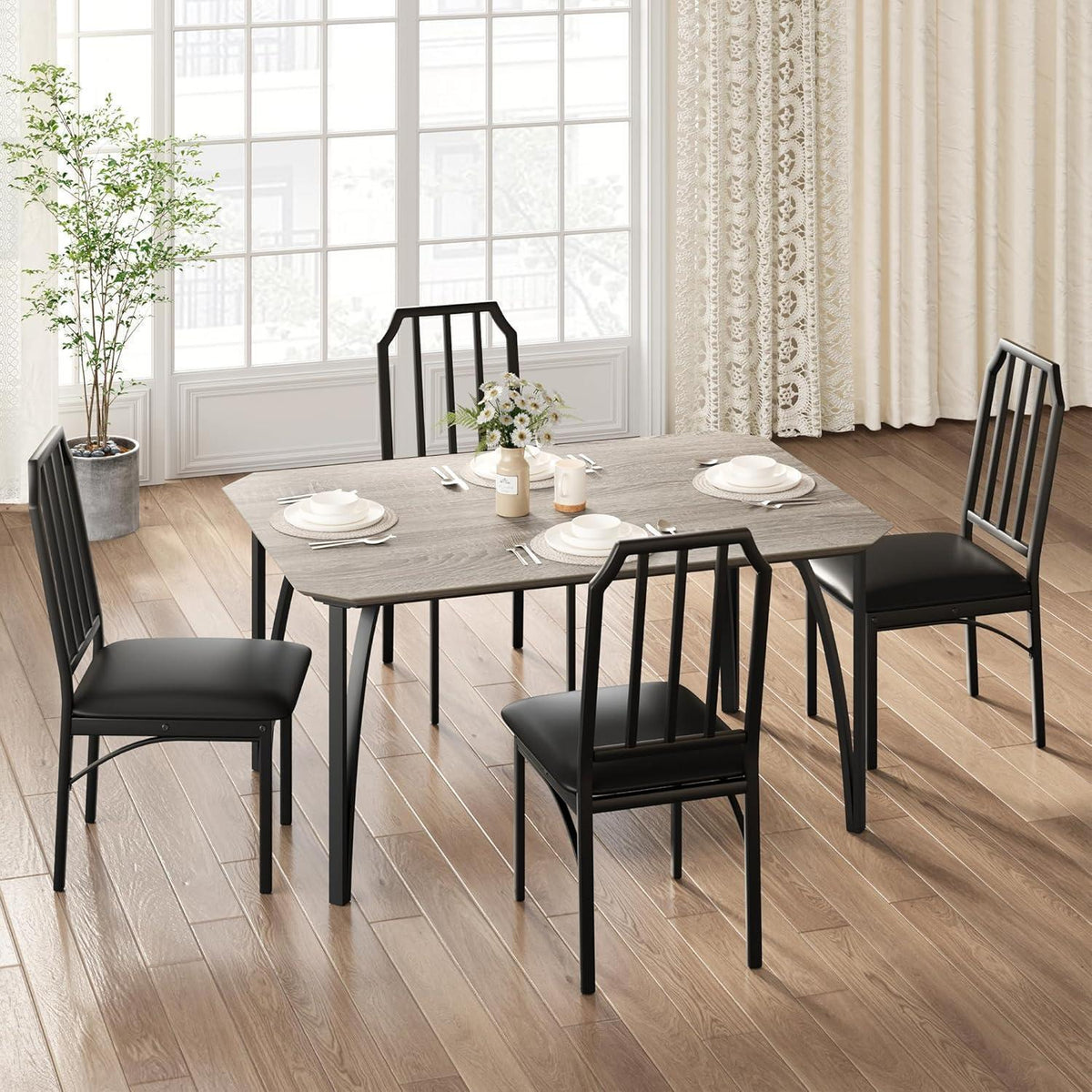 Esszimmer-Set Grau 5-teilig: Esstisch & 4 gepolsterte Stühle