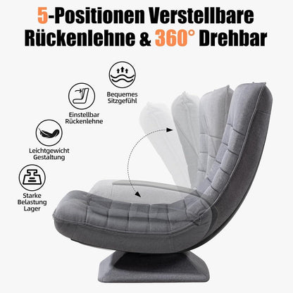 Verstellbarer Wohnzimmer Sessel – 360° Drehbar, Grau/Leinen