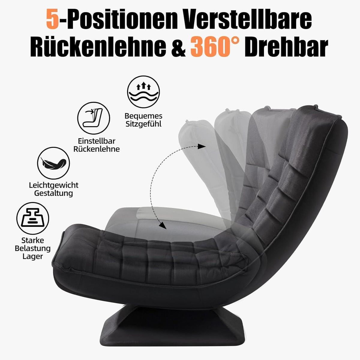 Verstellbarer Wohnzimmer Sessel – 360° Drehbar, Schwarz/Leinen
