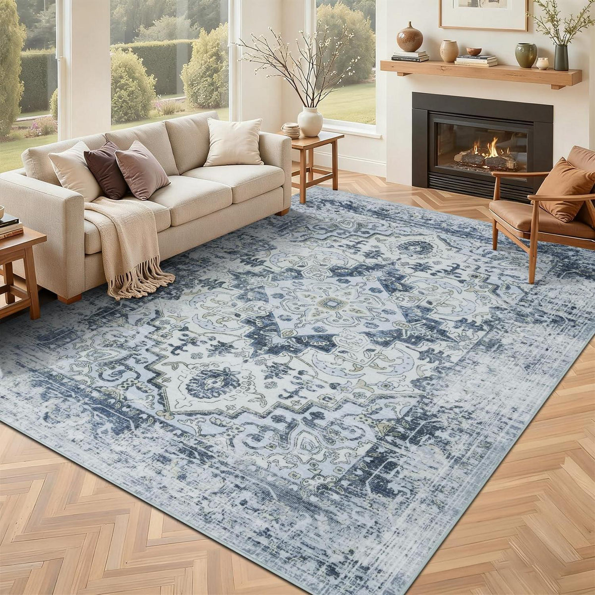 Waschbarer Vintage Teppich Blau 160x230cm – Boho Kurzflor Wohnzimmer