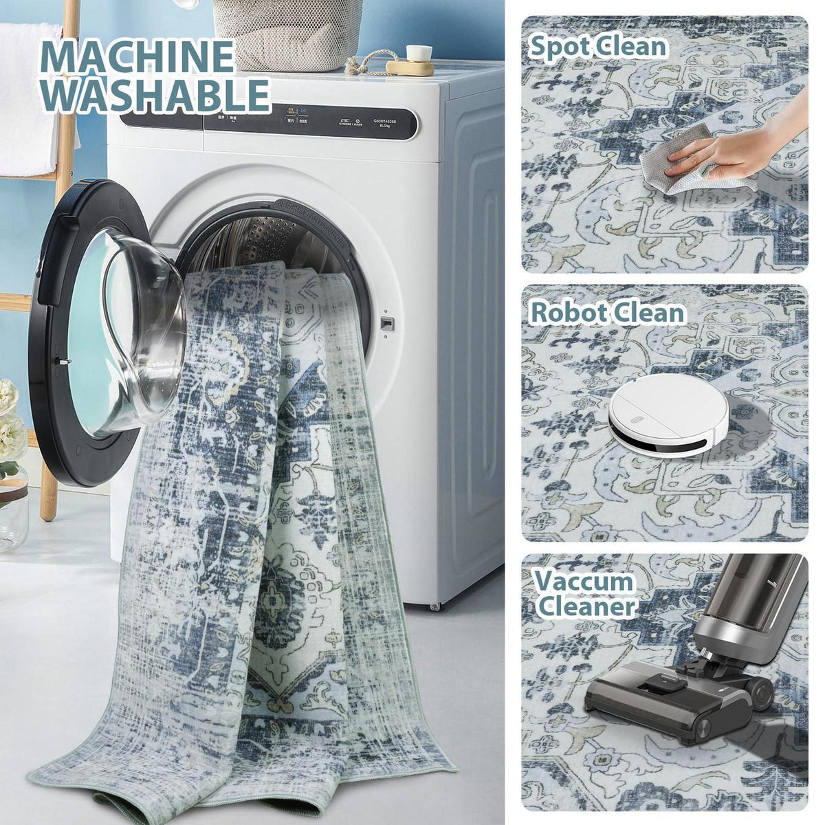 Waschbarer Vintage Teppich Blau 160x230cm – Boho Kurzflor Wohnzimmer
