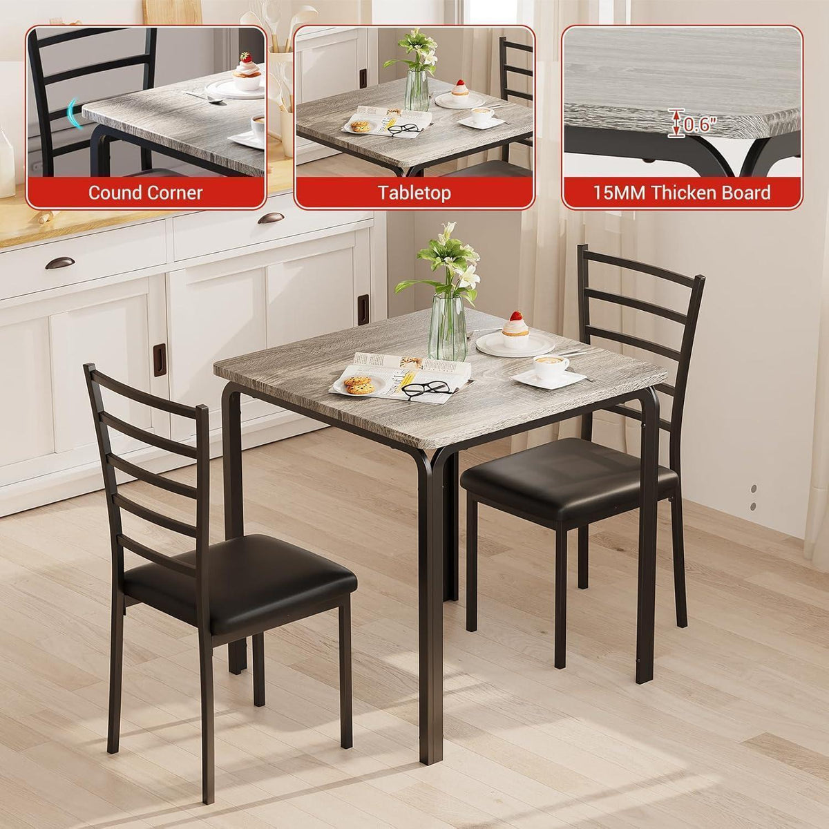 3-teiliges Esszimmer-Set Grau – Kleiner Esstisch mit Stühlen