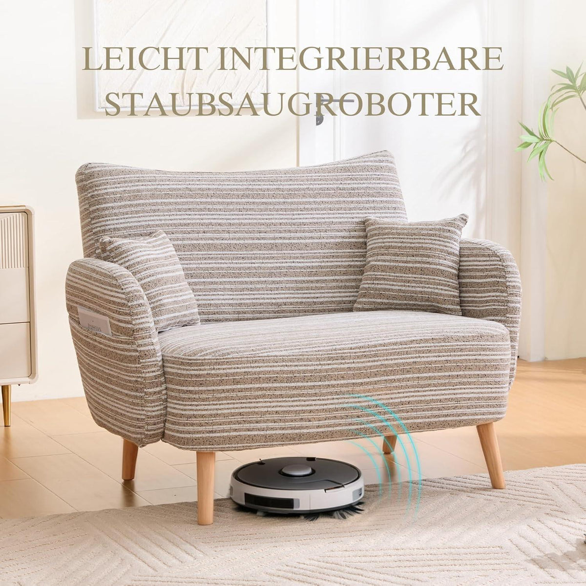 Relaxsessel mit Bouclé Stoff & Seitentaschen, Khaki