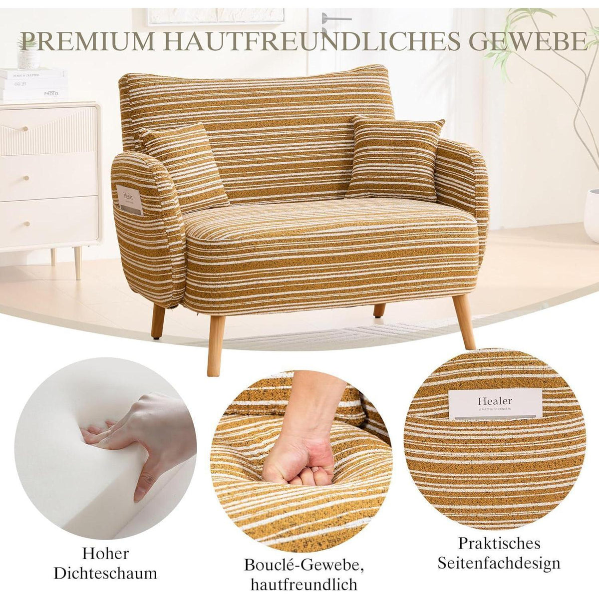 Gelber Bouclé Zweisitzer-Sessel mit Massivholzbeinen