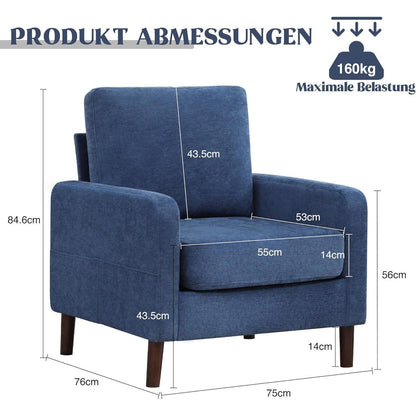 Blauer Lesesessel mit Holzbeinen – Bequemer Wohnzimmerstuhl
