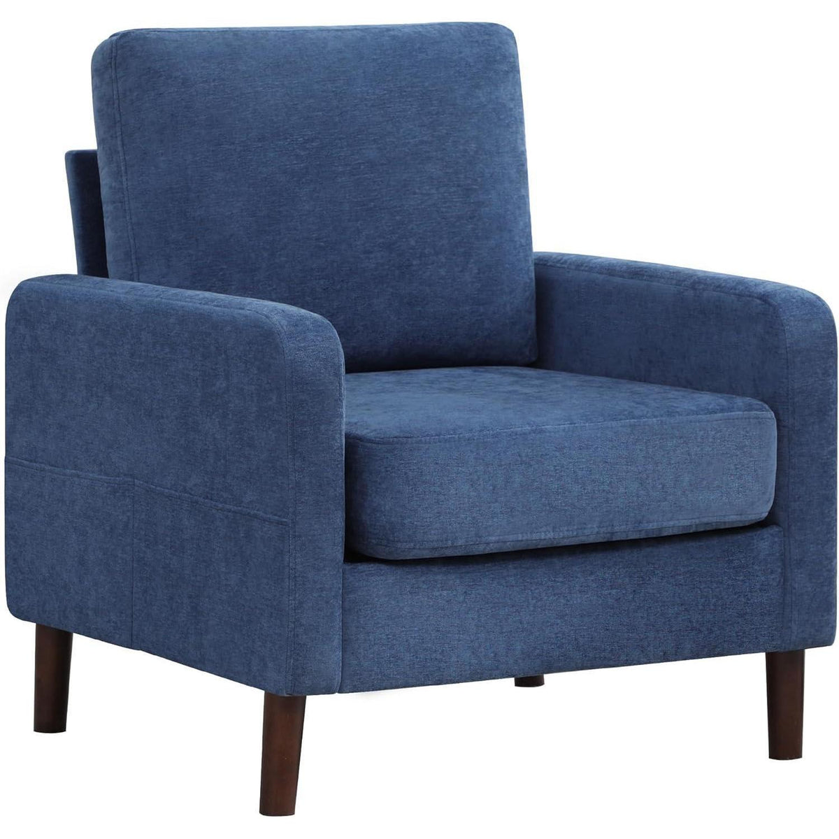 Blauer Lesesessel mit Holzbeinen – Bequemer Wohnzimmerstuhl